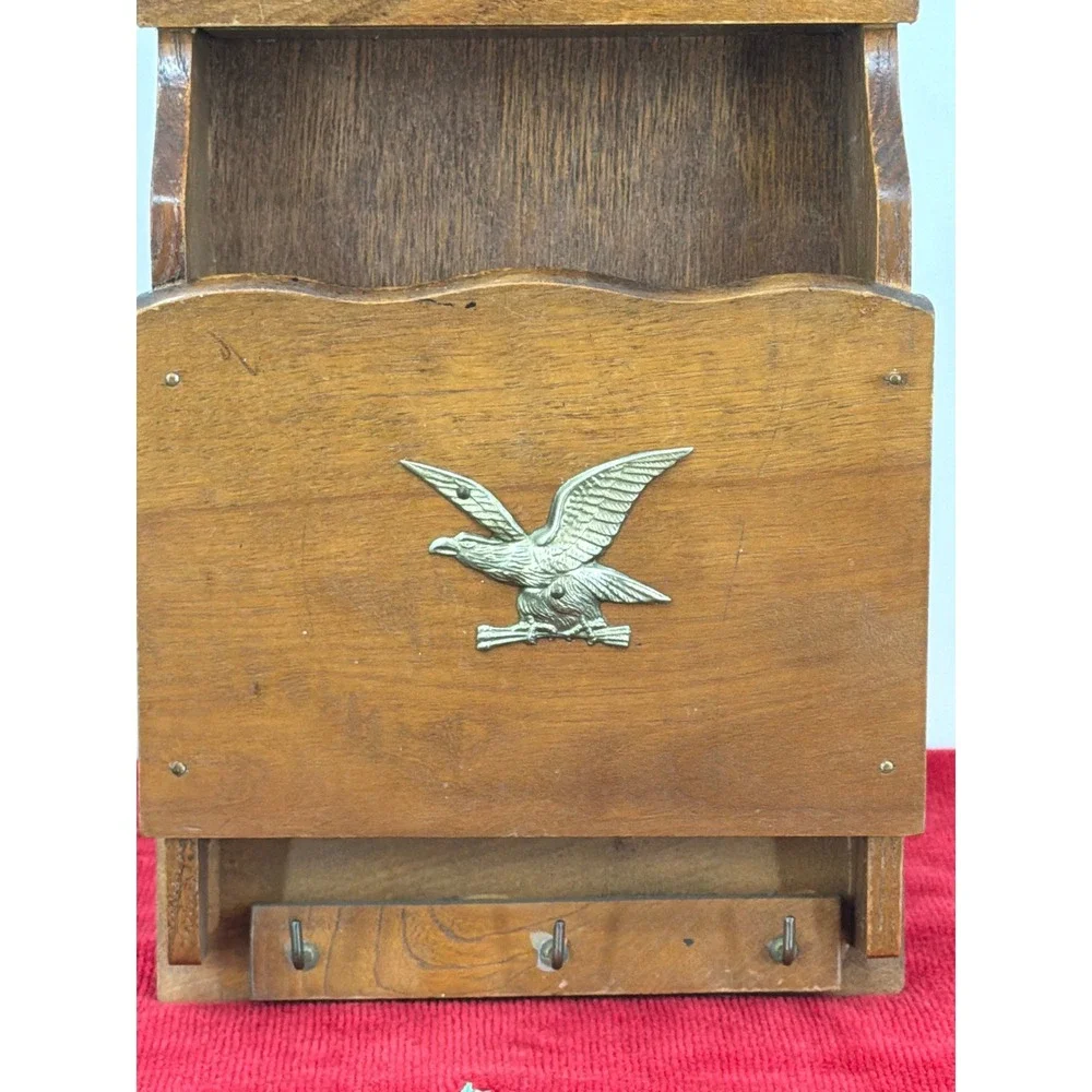 Vintage Wood Wall Letter Bill Organizer Key Holder Brass Eagle Americana MCM